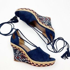 Cabi Isla Wedge Blue Suede Leather Ankle Wrap Sz 8
